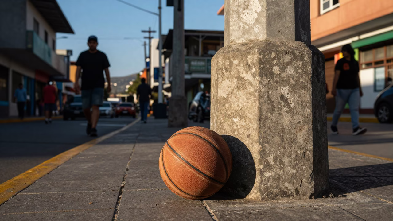 Late Afternoon Street Scene in Medellin Colombia with Leather Basketball and Bridge View in in Medellin, Colombia