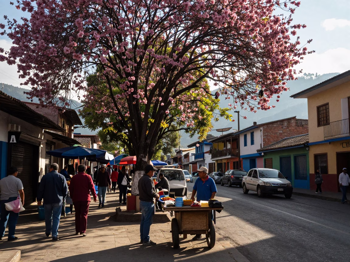 Late Afternoon Street Scene in Medellin Colombia with Local Market Activity in in Medellin, Colombia