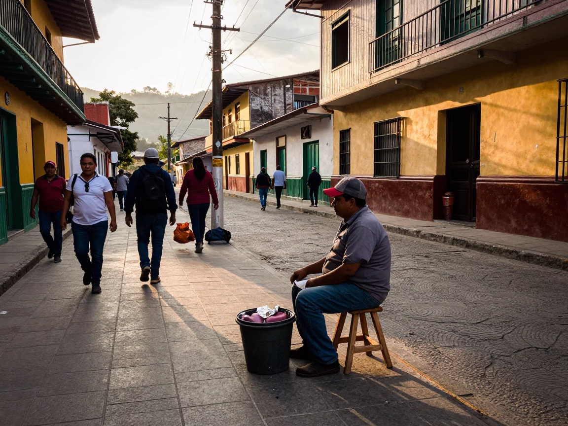 Late Afternoon Street Scene in Medellin Colombia with Local Vendor and Stool in in Medellin, Colombia