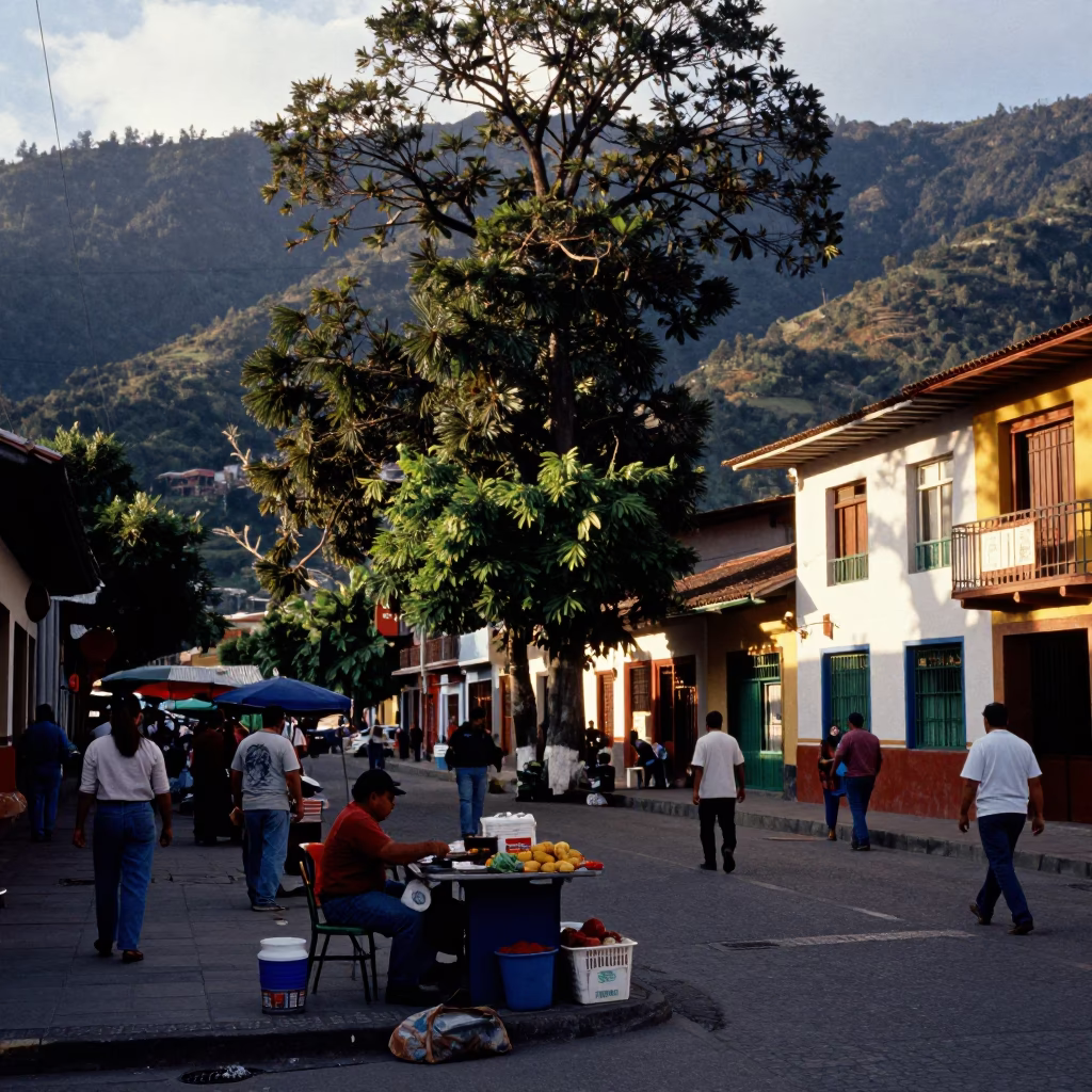 Late Afternoon Street Scene in Medellin Colombia with Market Vendor and Onions in in Medellin, Colombia