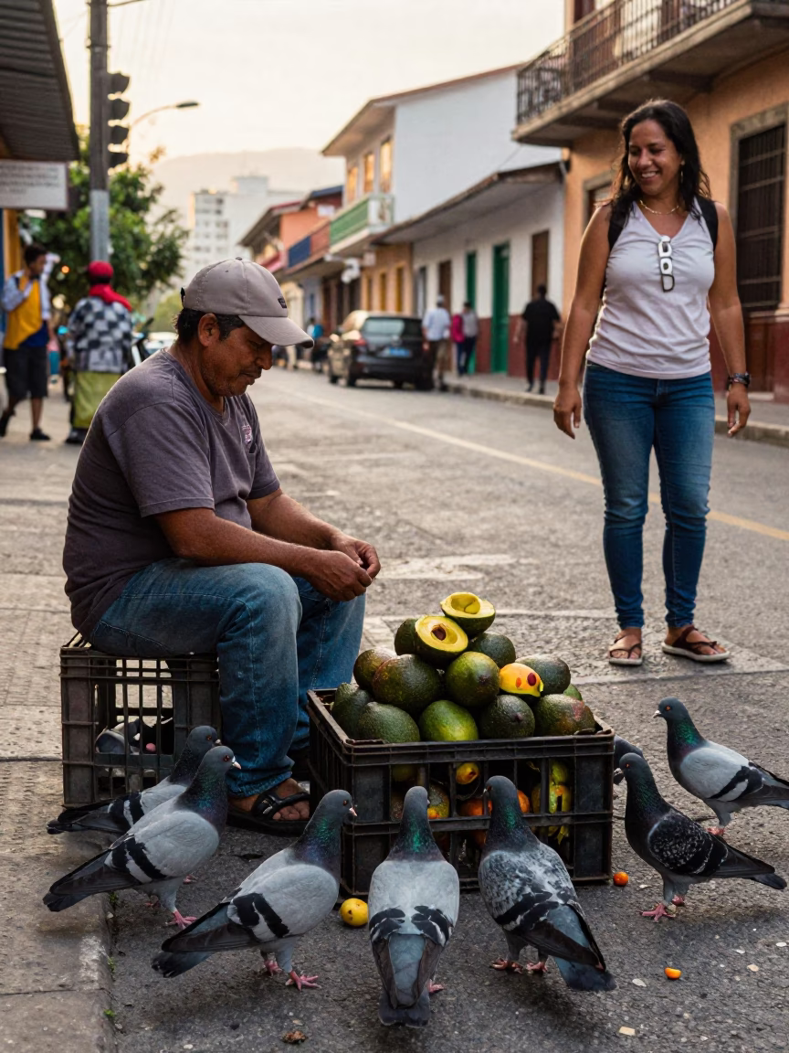 Late Afternoon Street Scene in Medellin Colombia with Pigeons and Avocados in in Medellin, Colombia