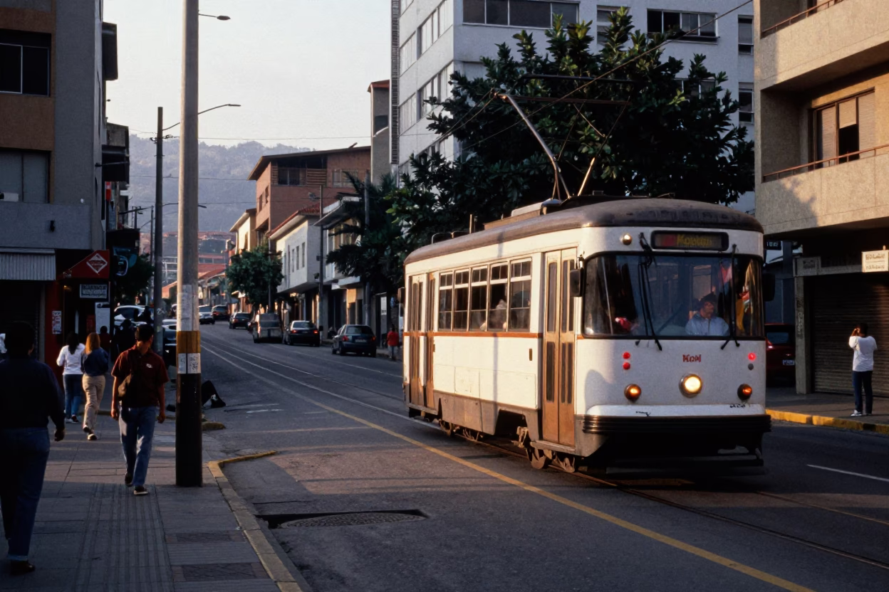 Late Afternoon Street Scene in Medellin Colombia with Tram and Urban Life in in Medellin, Colombia