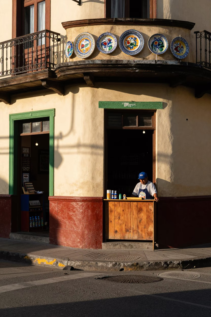 Late Afternoon Street Scene in Medellin Colombia with Vintage Italian Majolica Plate in in Medellin, Colombia