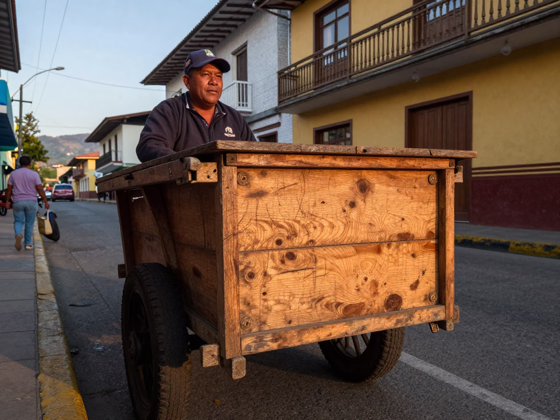Late Afternoon Street Scene in Medellin Colombia with Worn Wood and Sunlight in in Medellin, Colombia