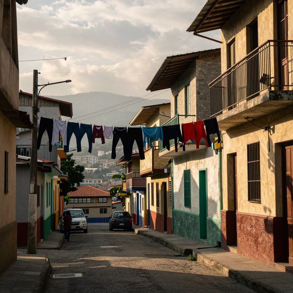Late afternoon street scene in Medellin with clothesline and local life in in Medellin, Colombia