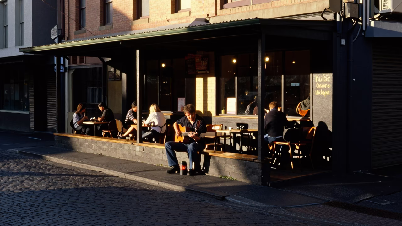 Late Afternoon Street Scene in Melbourne Victoria Australia with Local Cafe Details in in Melbourne, Victoria, Australia