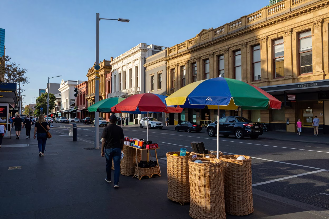 Late Afternoon Street Scene in Melbourne Victoria Australia with Umbrellas and Wicker Basket in in Melbourne, Victoria, Australia