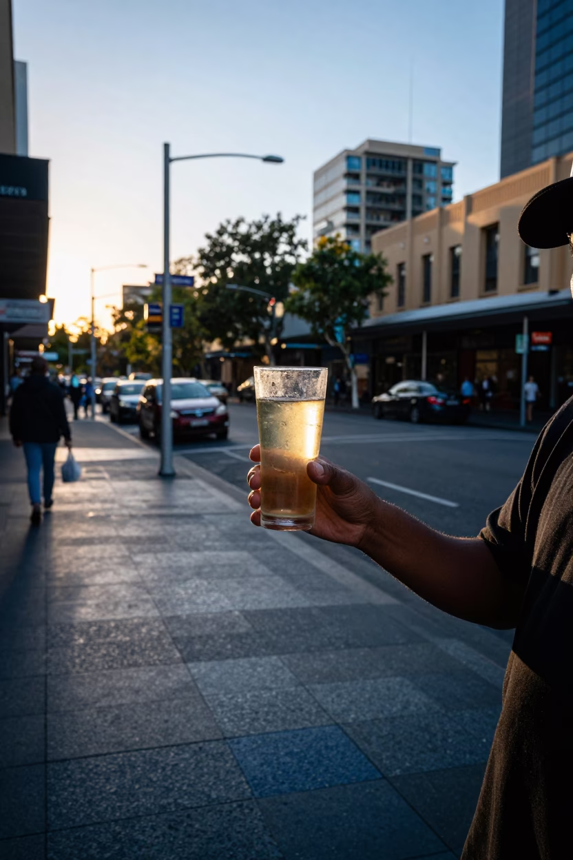 Late Afternoon Street Scene in Melbourne Victoria with Glass of Sugarcane Juice in in Melbourne, Victoria, Australia