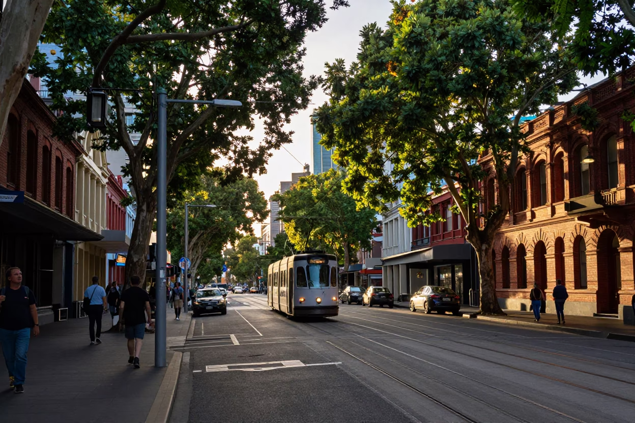 Late Afternoon Street Scene in Melbourne Victoria with Tram Tracks and Urban Shadows in in Melbourne, Victoria, Australia