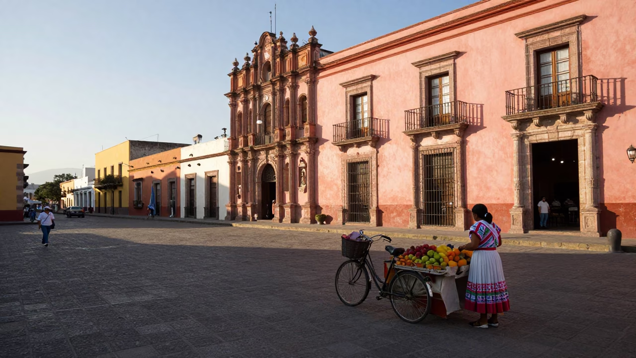 Late Afternoon Street Scene in Merida Mexico with Bicycle Basket and Local Market Activity in in Merida, Mexico