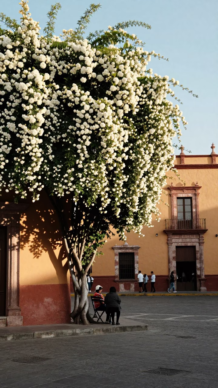 Late Afternoon Street Scene in Merida Mexico with Climbing Jasmine and Local Life in in Merida, Mexico