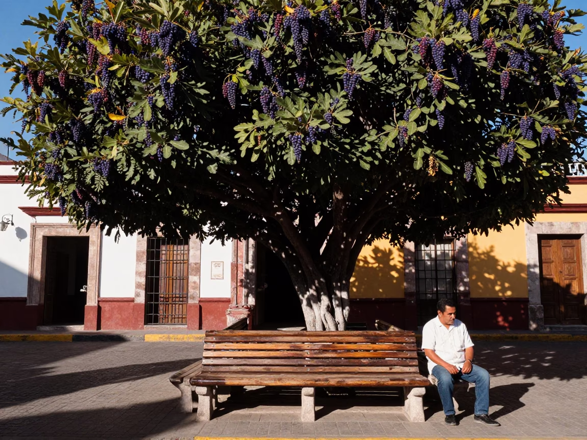 Late Afternoon Street Scene in Merida Mexico with Fig Tree Shadows and Local Life in in Merida, Mexico