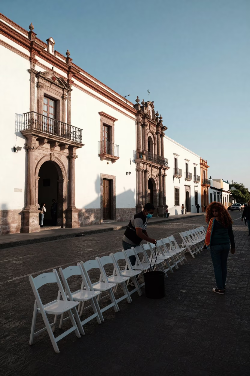 Late Afternoon Street Scene in Merida Mexico with Folding Chairs and Local Interaction in in Merida, Mexico