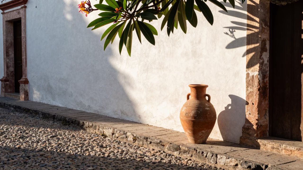 Late Afternoon Street Scene in Merida Mexico with Frangipani and Terracotta Pot in in Merida, Mexico