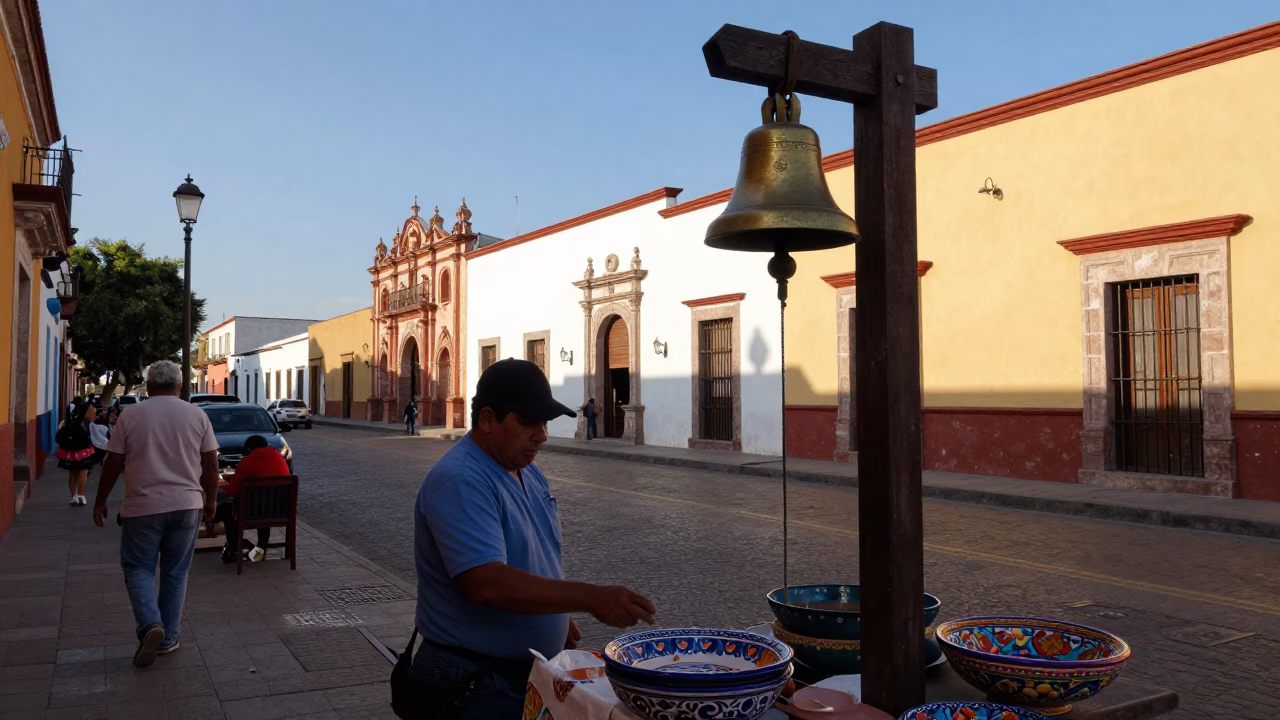 Late Afternoon Street Scene in Merida Mexico with Local Bell and Lampshade in in Merida, Mexico