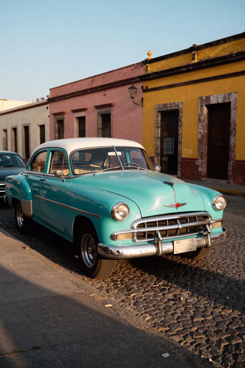 Late Afternoon Street Scene in Merida Mexico with Vintage Car and Plant Pot in in Merida, Mexico
