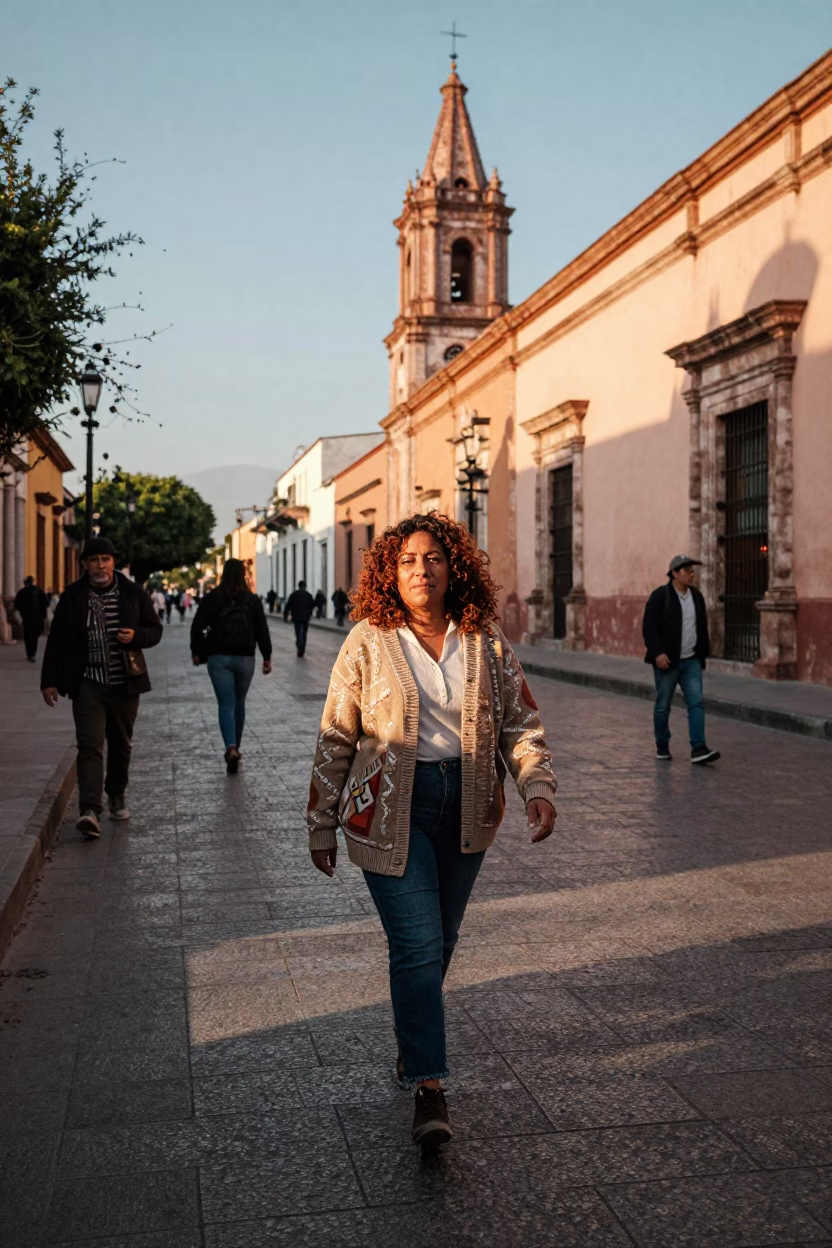 Late Afternoon Street Scene in Merida Mexico with Vintage Cardigan and Local Market Activity in in Merida, Mexico
