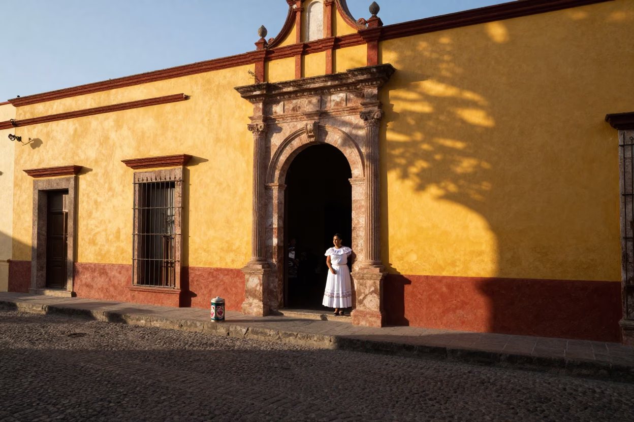 Late Afternoon Street Scene in Merida Mexico with Vintage Tiffin Tin and Colonial Architecture in in Merida, Mexico