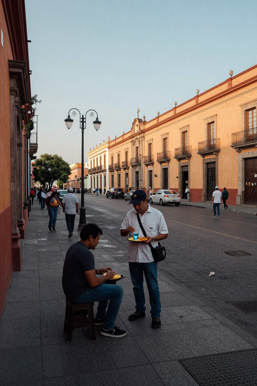 Late Afternoon Street Scene in Mexico City With Arepas and Glass Tumblers in in Mexico City, Mexico