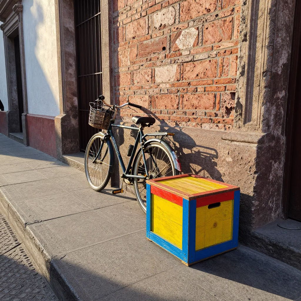 Late Afternoon Street Scene in Mexico City with Bicycle and Painted Crate in in Mexico City, Mexico