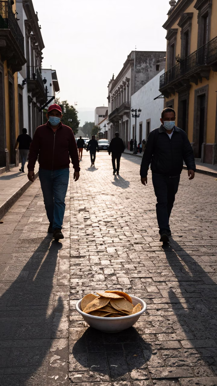 Late Afternoon Street Scene in Mexico City with Bowl of Tortilla Soup and Avocado in in Mexico City, Mexico