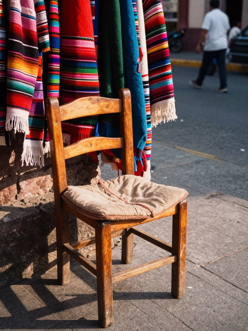 Late Afternoon Street Scene in Mexico City With Colorful Textiles and Urban Details in in Mexico City, Mexico