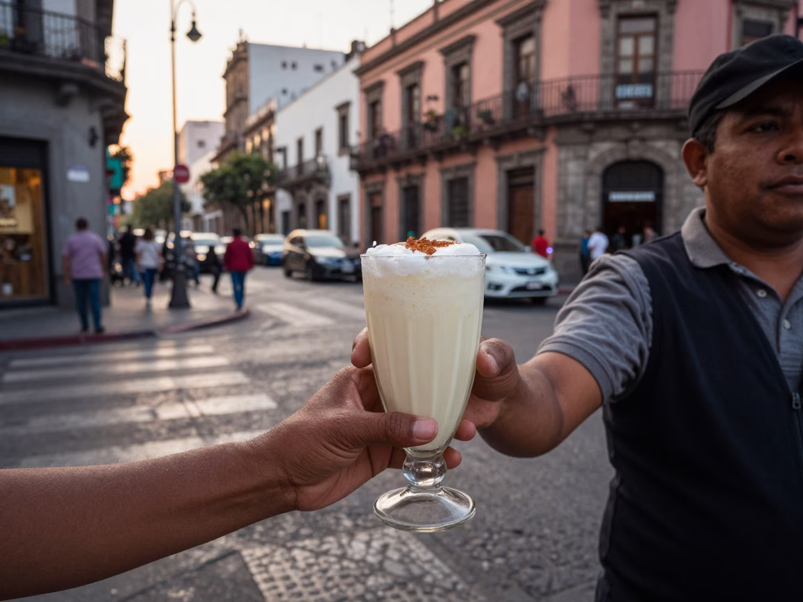 Late Afternoon Street Scene in Mexico City with Horchata and Urban Life in in Mexico City, Mexico