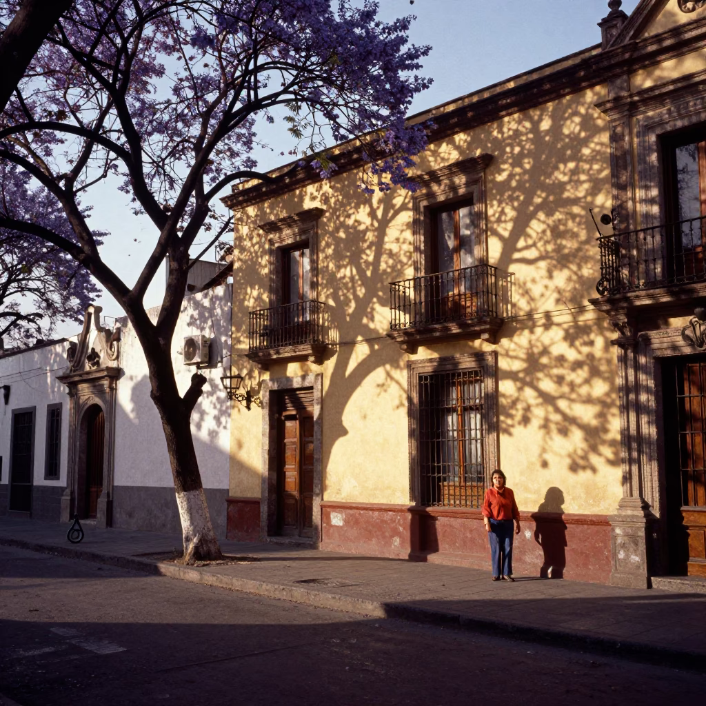 Late Afternoon Street Scene in Mexico City with Jacaranda Tree and Urban Details in in Mexico City, Mexico