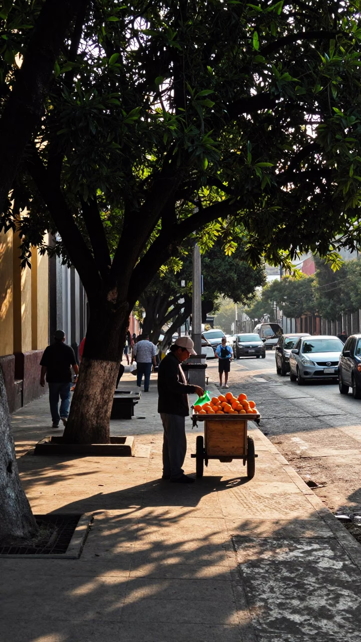 Late Afternoon Street Scene in Mexico City with Oranges and Watering Jug in in Mexico City, Mexico