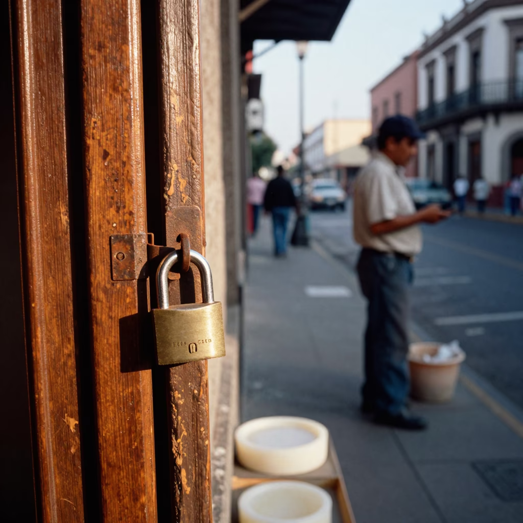 Late Afternoon Street Scene in Mexico City with Padlock and Soap Bottle in in Mexico City, Mexico
