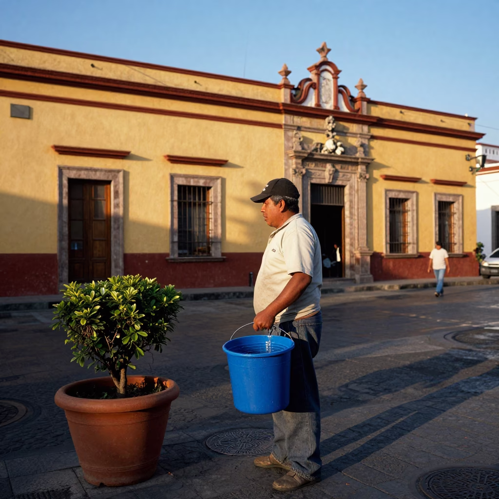 Late Afternoon Street Scene in Mexico City with Plant Pot and Bucket in in Mexico City, Mexico