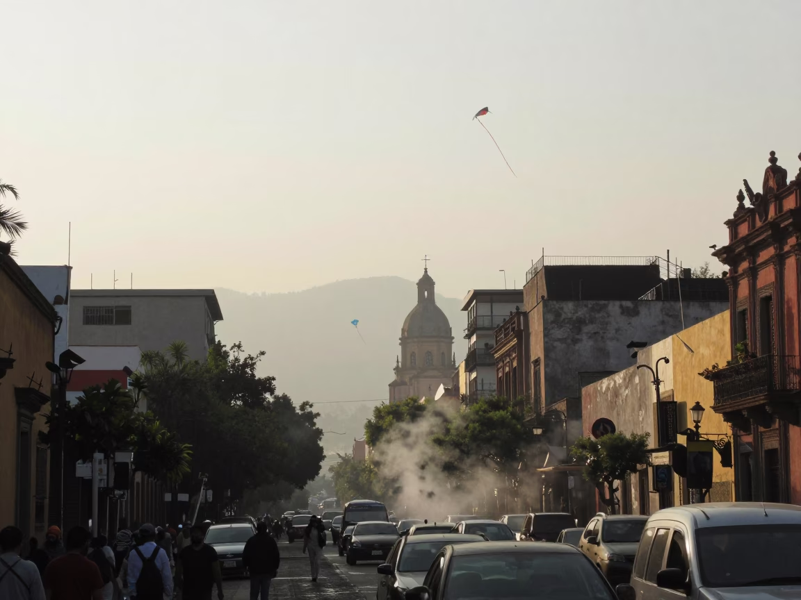 Late Afternoon Street Scene in Mexico City With Steam Haze and Kites in in Mexico City, Mexico
