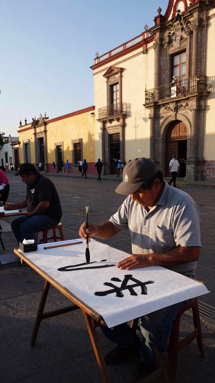 Late Afternoon Street Scene in Mexico City with Traditional Calligraphy Demonstration in in Mexico City, Mexico