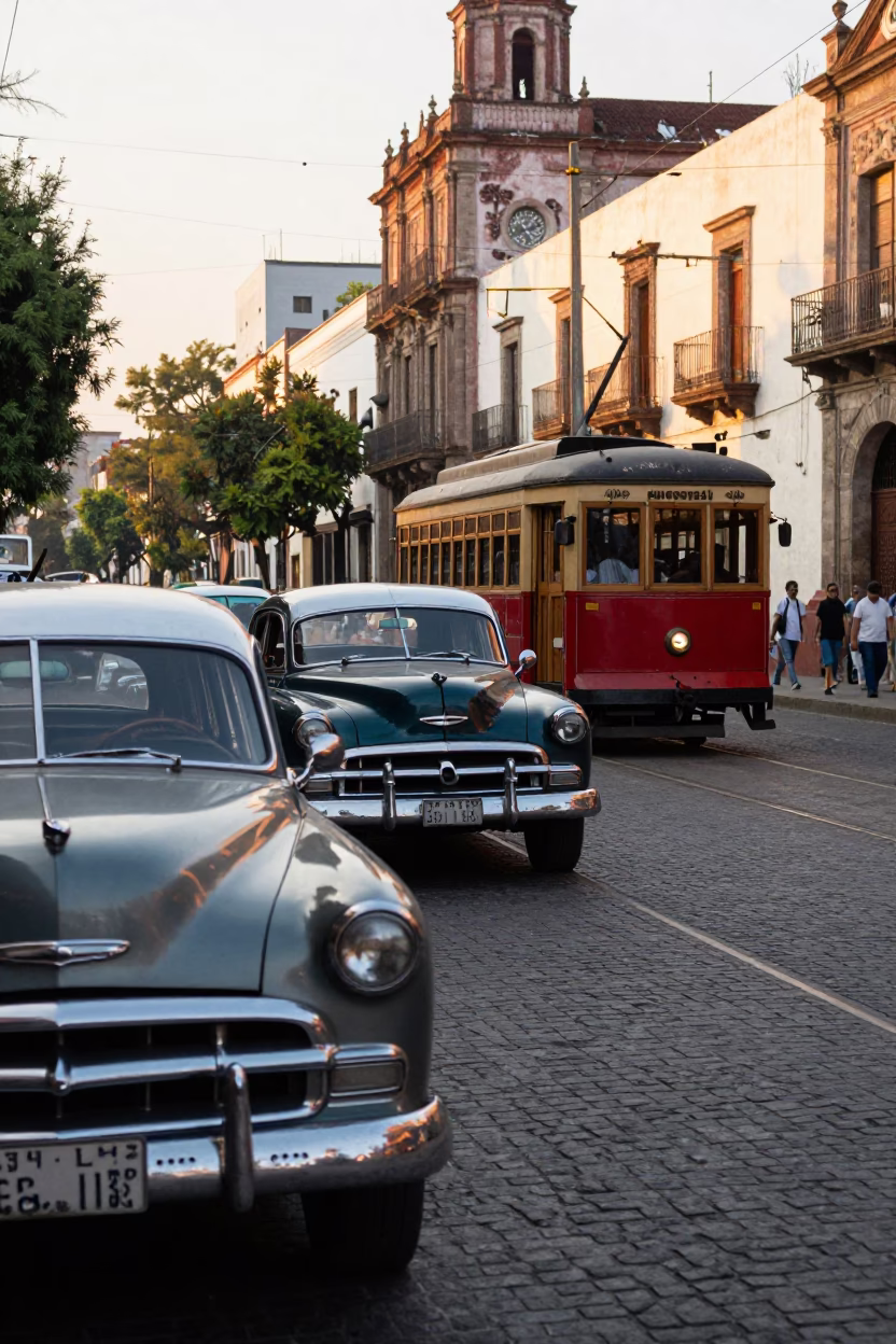 Late Afternoon Street Scene in Mexico City with Vintage Car and Heritage Tram in in Mexico City, Mexico
