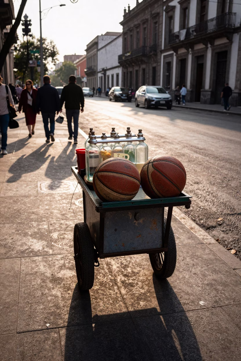Late Afternoon Street Scene in Mexico City With Vintage Leather Basketballs and Jam Jar in in Mexico City, Mexico