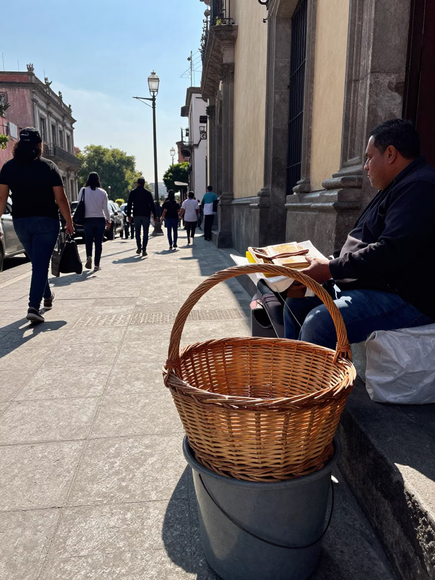 Late Afternoon Street Scene in Mexico City with Wicker Basket and Child's Art in in Mexico City, Mexico