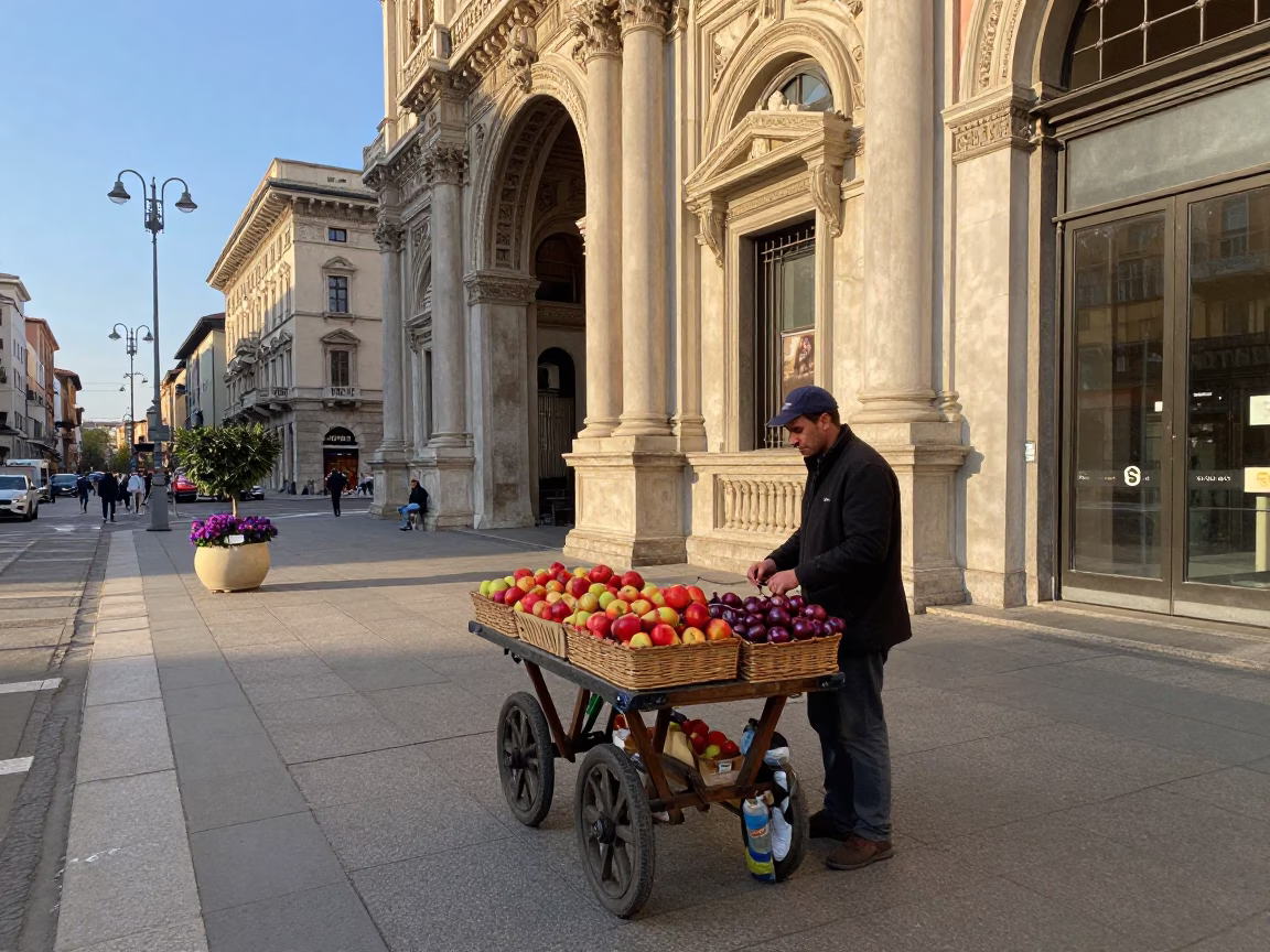 Late Afternoon Street Scene in Milan Italy with Apples and Plumbago Hedge in in Milan, Italy