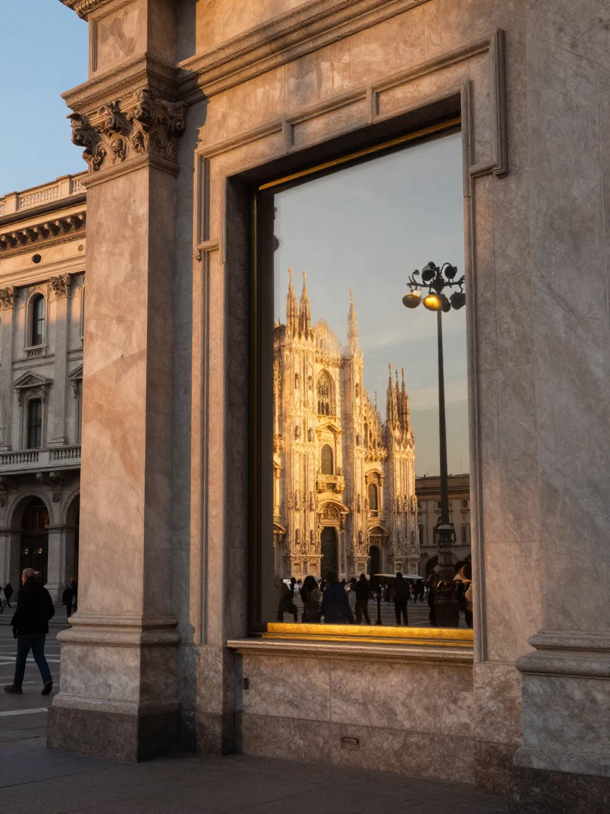 Late Afternoon Street Scene in Milan Italy with Brass Window Reflections in in Milan, Italy