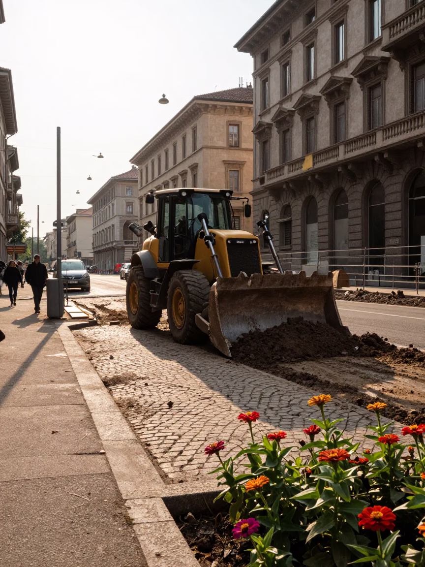 Late Afternoon Street Scene in Milan Italy with Construction and Urban Details in in Milan, Italy
