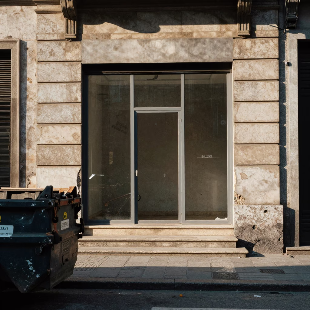 Late Afternoon Street Scene in Milan Italy with Demolition Dumpster and Vintage Architecture in in Milan, Italy