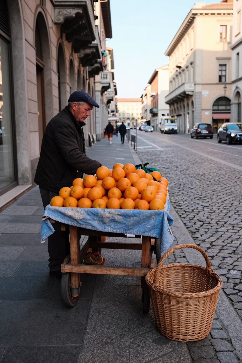 Late Afternoon Street Scene in Milan Italy with Oranges and Wicker Basket in in Milan, Italy