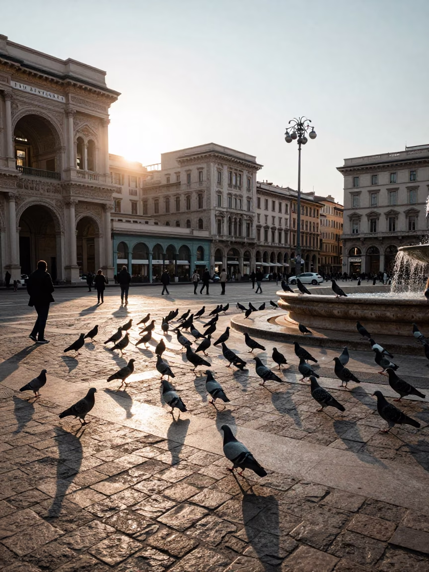 Late Afternoon Street Scene in Milan Italy with Pigeons and Urban Life in in Milan, Italy