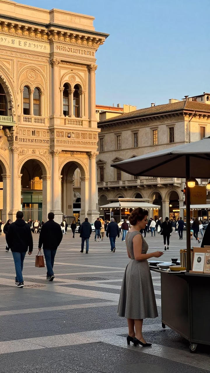 Late Afternoon Street Scene in Milan Italy with Shoppers and Local Details in in Milan, Italy