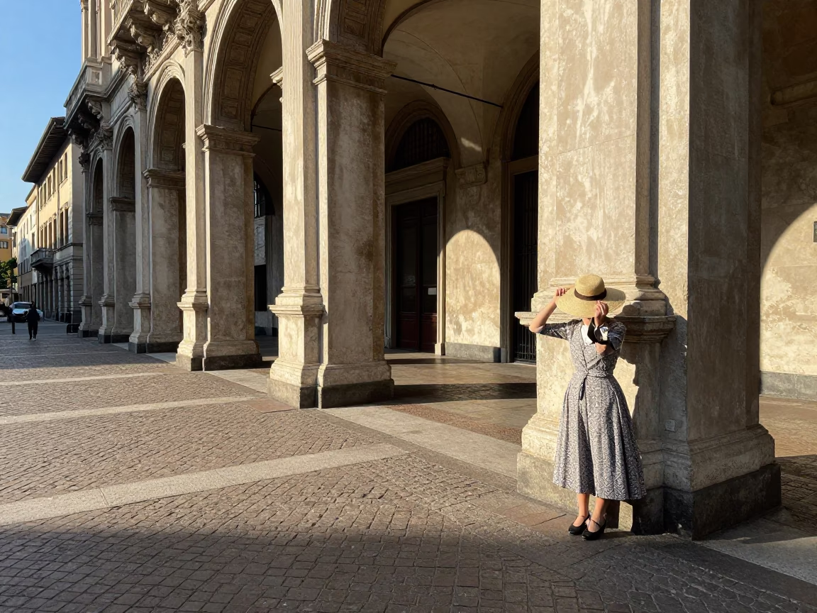 Late Afternoon Street Scene in Milan Italy with Sun Hat and Zinnias in in Milan, Italy