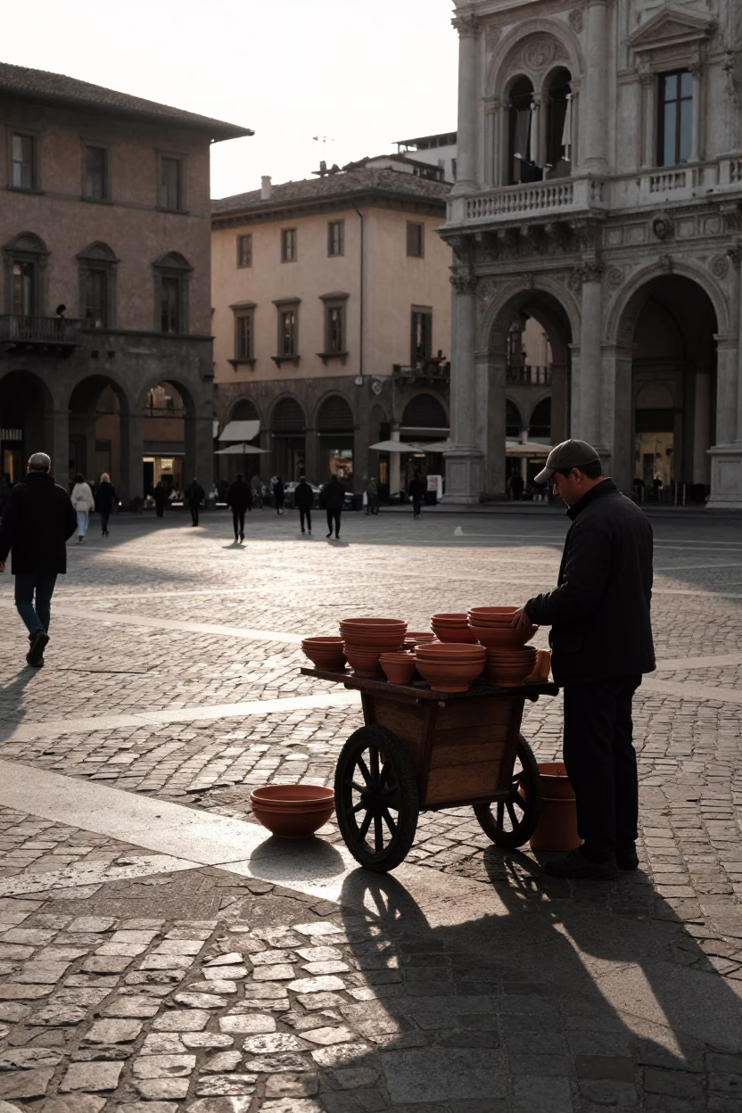Late Afternoon Street Scene in Milan Italy with Terracotta Bowls and Succulents in in Milan, Italy