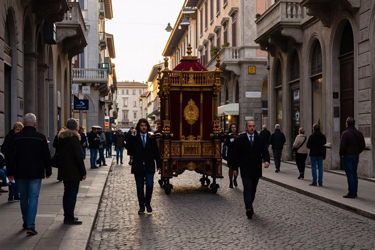 Late Afternoon Street Scene in Milan Italy with Traditional Processional Float and Linen Details in in Milan, Italy