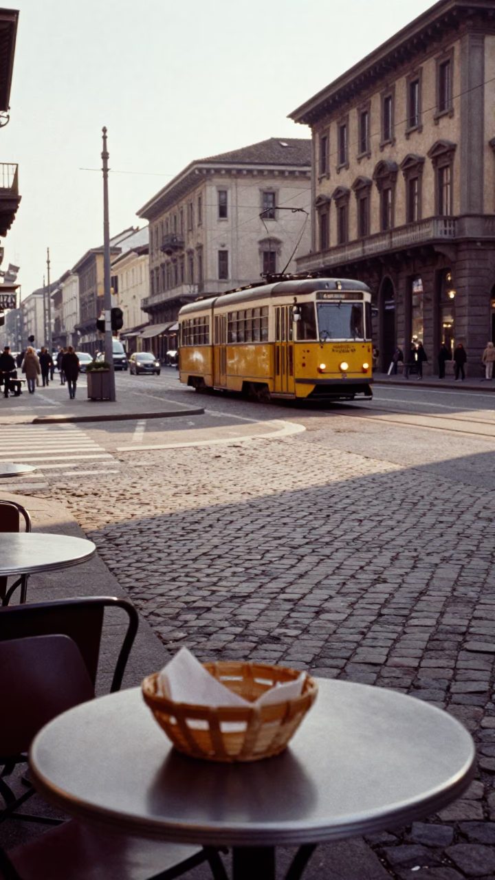 Late Afternoon Street Scene in Milan Italy with Tram and Local Dining in in Milan, Italy