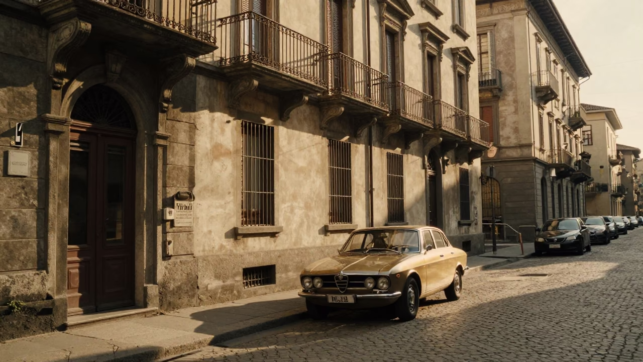 Late Afternoon Street Scene in Milan Italy with Vintage 1970s Aesthetic and Local Details in in Milan, Italy