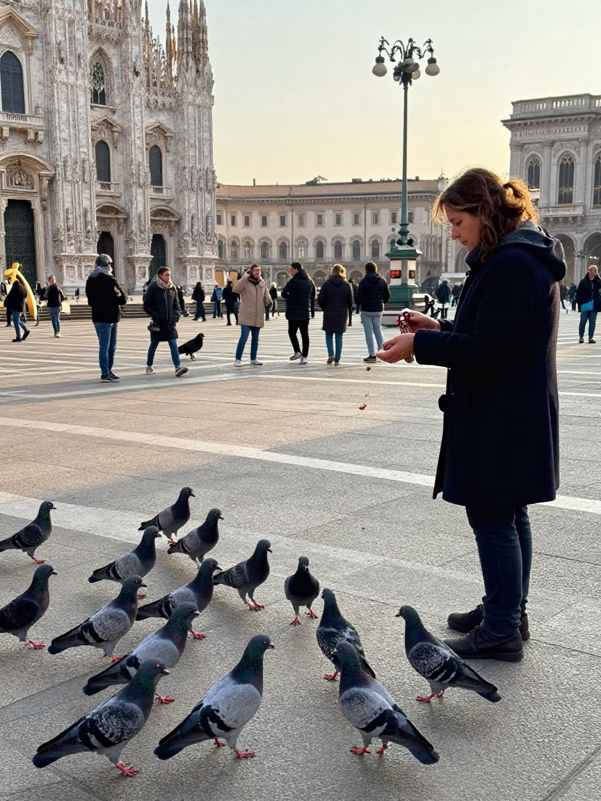 Late Afternoon Street Scene in Milan Italy with Woman Feeding Pigeons in in Milan, Italy