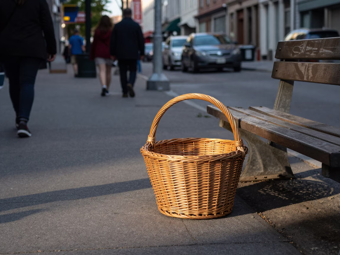 Late Afternoon Street Scene in Montreal Quebec Canada with Wicker Hamper in in Montreal, Quebec, Canada